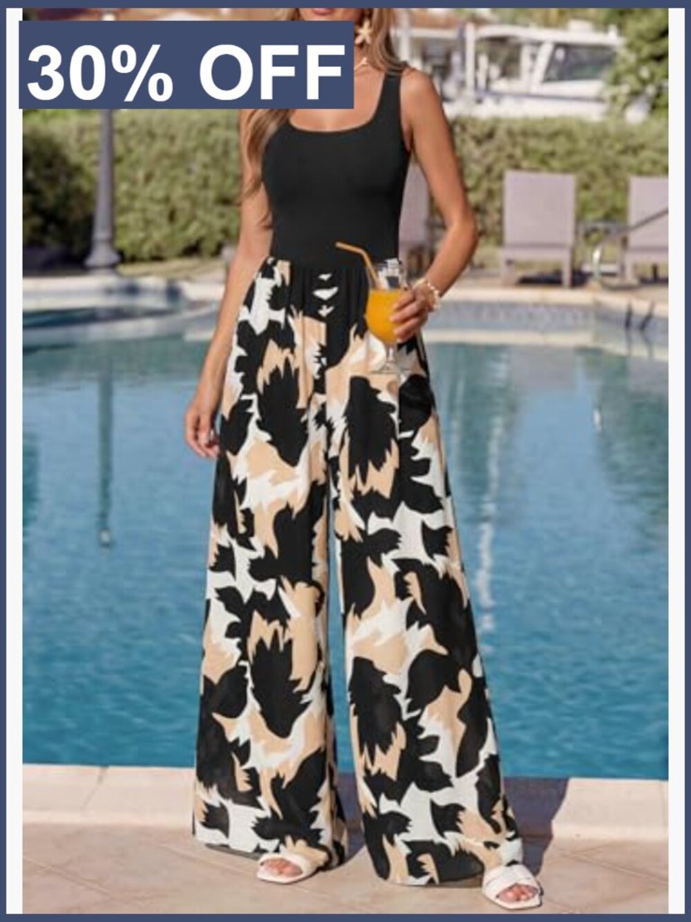 Boho Floral Wide Leg Jumpsuit with Pockets Sleeveless Summer Romper - Picture 6 of 7